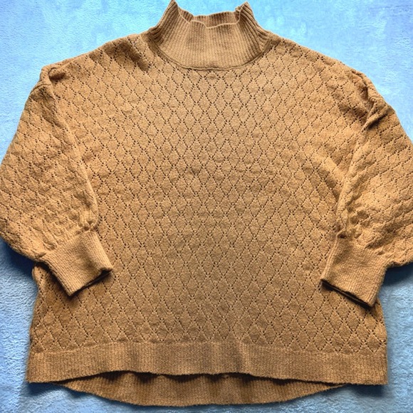 Wonderly Camel Brown Diamond Pointelle Mock Neck Lantern Sleeve Knit Sweater - Picture 10 of 13